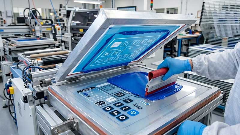 Industrial screen printing process for a graphic overlay control panel showing thick blue ink being applied with a squeegee through a mesh stencil in a manufacturing facility