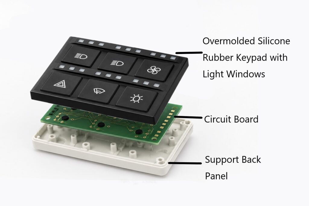 Integrated silicone rubber keypad construction with overmolded silicone rubber keypad, light windows for backlighting, circuit board, back panle for supporting and protection