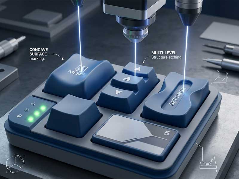 Multi beam laser etching of complex silicone rubber keypads showing simultaneous marking on a concave MENU button and multi level keys with SETTINGS