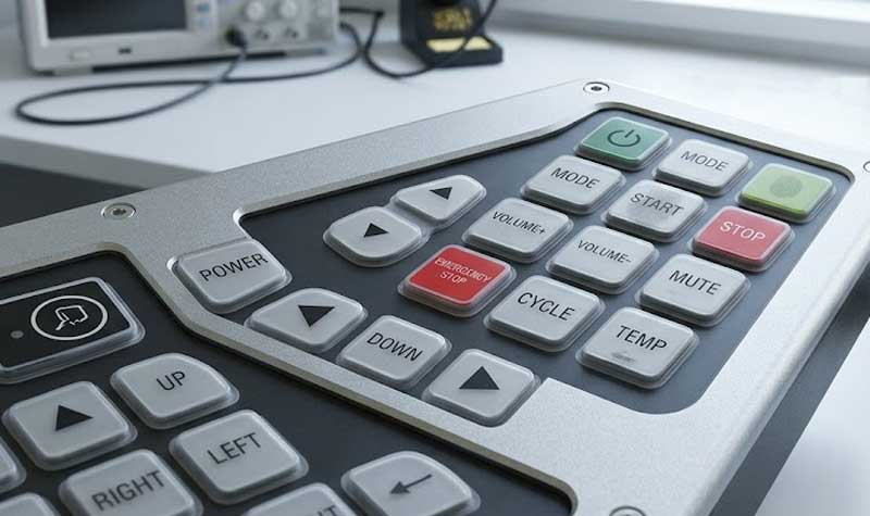 PU coated silicone keypad integrated into an industrial control panel featuring crisp printed legends and a smooth abrasion resistant surface on a laboratory workbench