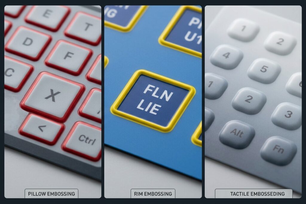 Pillow, rim, and tactile embossed graphics overlay in a silicone rubber membrane keypad