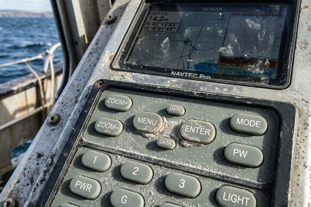 Salt depostis on the surface of silicone keypad in marine navigation system