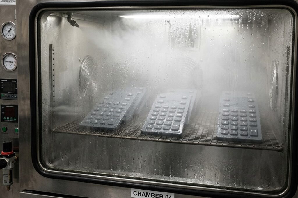 Salt spray testing for silicone keypads in salt spray test chamber to simulate salty condition for long-term and measure corrosion resistance