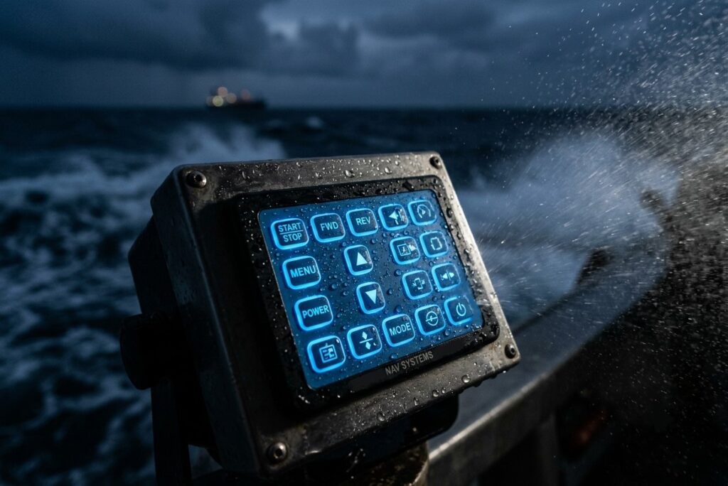 Silicone keypad applied in user interface of marine control panel with resistance to water splashes, UV lights, and salty corrosion