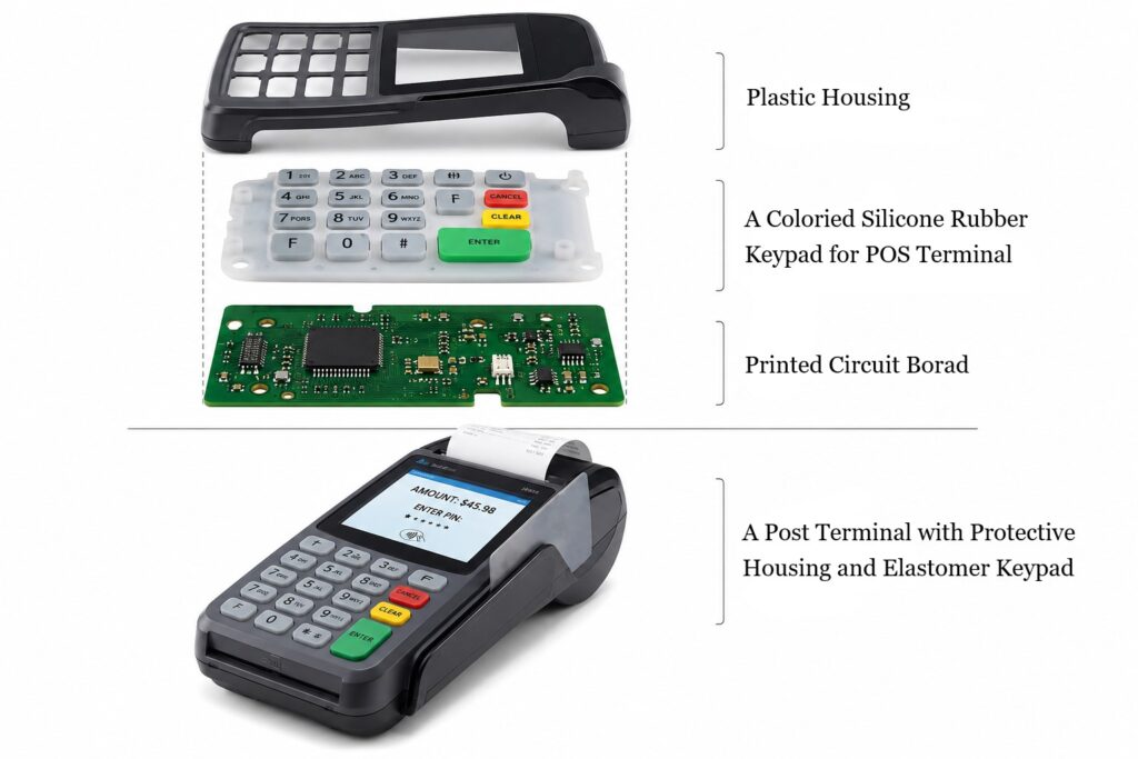 Silicone rubber keypad integrated with protective plastic housing and screen in financial devices application of a POS terminal