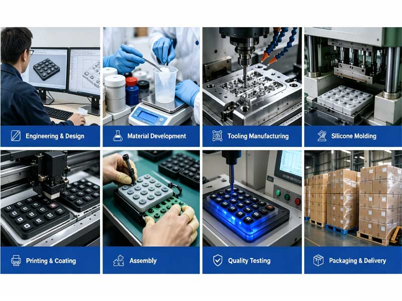 Silicone rubber keypad manufacturing process steps engineering design material development tooling molding printing assembly quality testing and packaging delivery