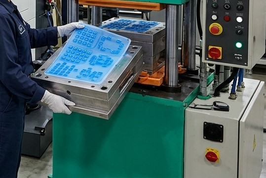 Silicone rubber keypads are molded in a tooling with cavities in Compression molding process and operator is inspecting a elastomer keypad product