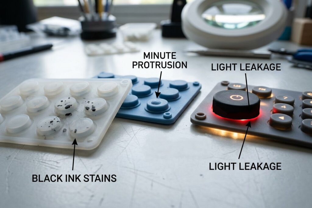 Some silicone rubber keypads with poor quality include ink stains, protrusions on the keytop, and light leakage in a backlit rubber keypad