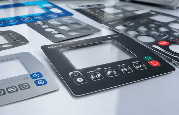 Various custom industrial Graphic Overlay membrane switch panels with colorful printed control buttons and display cutouts laid out on a light gray smooth tabletop