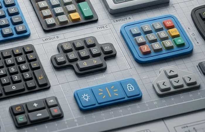 Various multi colored custom Pad printed silicone keypads including numerical grids and navigation clusters are displayed on an engineering blueprint grid mat