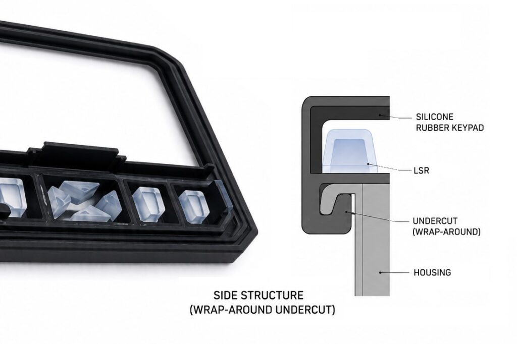 Wrap-around waterproof overmolded silicone keypad with undercut structure and LSR components for high-performance HMI