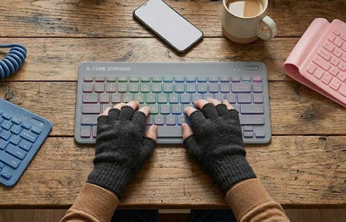a person in grey fingerless gloves typing on a grey rainbow backlit Wireless Silicone Keyboard on a rustic wooden desk with a blue and a pink version of the same Wireless Silicone Keyboards