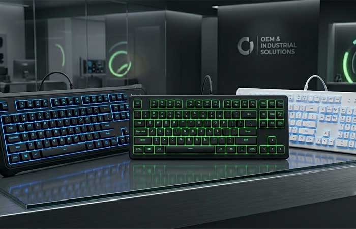 a row of custom backlit silicone keyboards illuminated with vibrant blue green and white LED backlighting on a sleek reflective surface in an industrial showroom setting