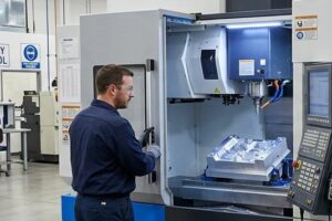 a work is operating CNC machine to create a metal mold for rubber keypads manufacturing