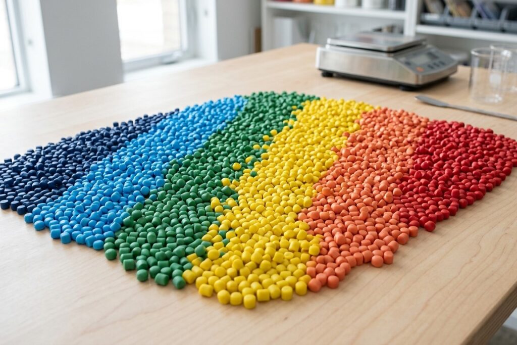 different-color silicone masterbatch with consistency and color stability on a table for silicone rubber keypad production