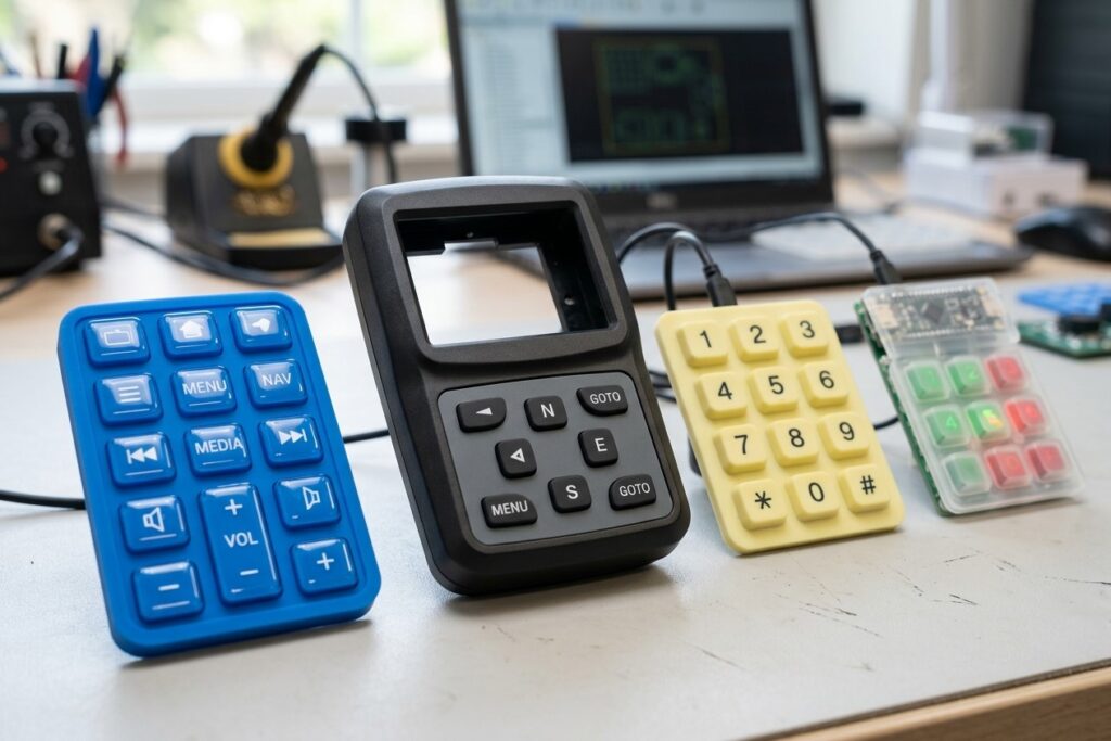 four different silicone rubber keypads with protective epoxy coatings, a sealed structure for a GPS device, a numeric application, or high transparency & integration with LEDs for backlighting