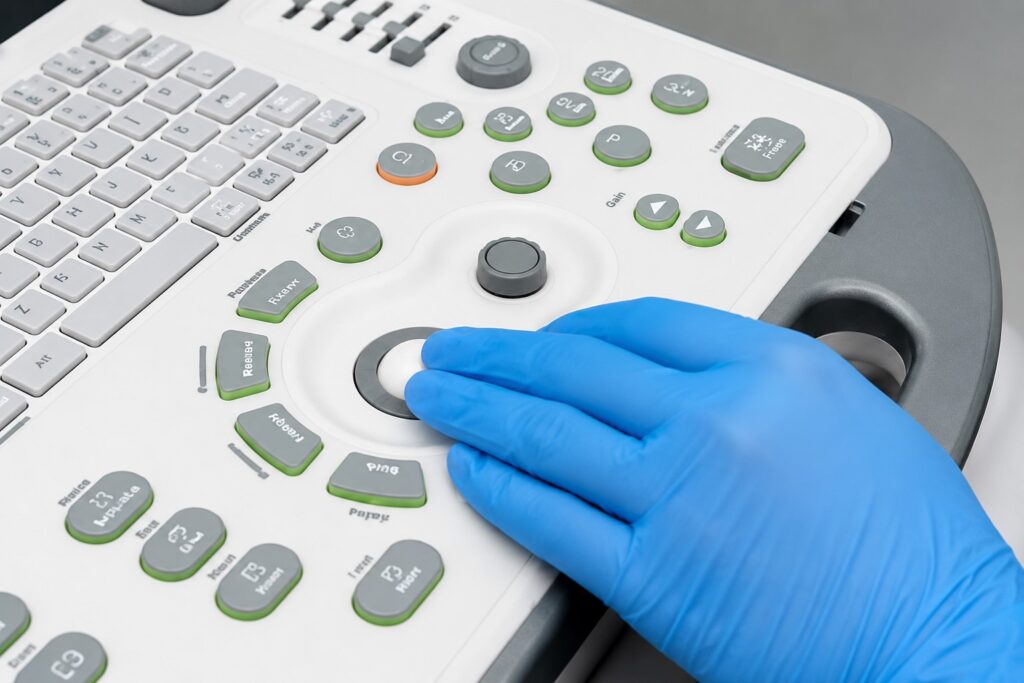 functional integrated medical equipment with silicone rubber keypads in user interfaces and stiff rigid circuits in internal structure