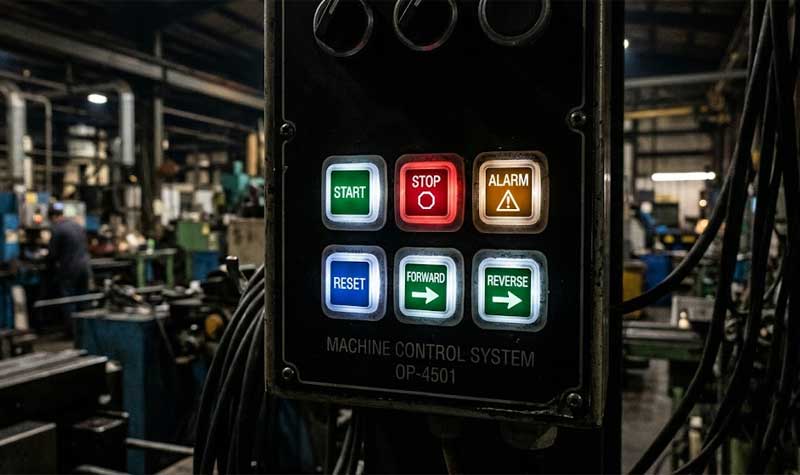 industrial control panel featuring glowing backlit silicone buttons with clear illuminated legends like START and STOP inside a dimly lit factory environment