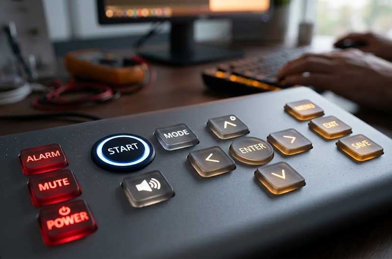 matte coating silicone keypad grey control panel with various illuminated keys in sharp focus