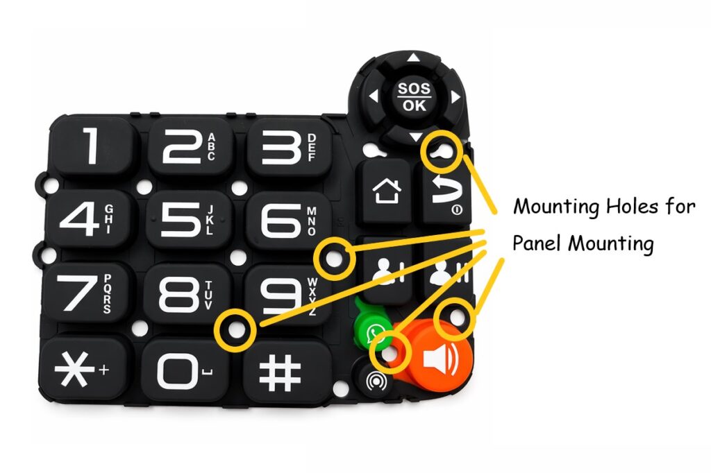 mounting holes in a silicone rubber keypad for telephone to integrate with protective housing structure