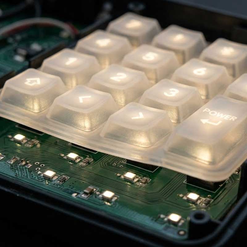 semi transparent silicone rubber keypad positioned over a green PCB with illuminated SMD LEDs providing backlighting