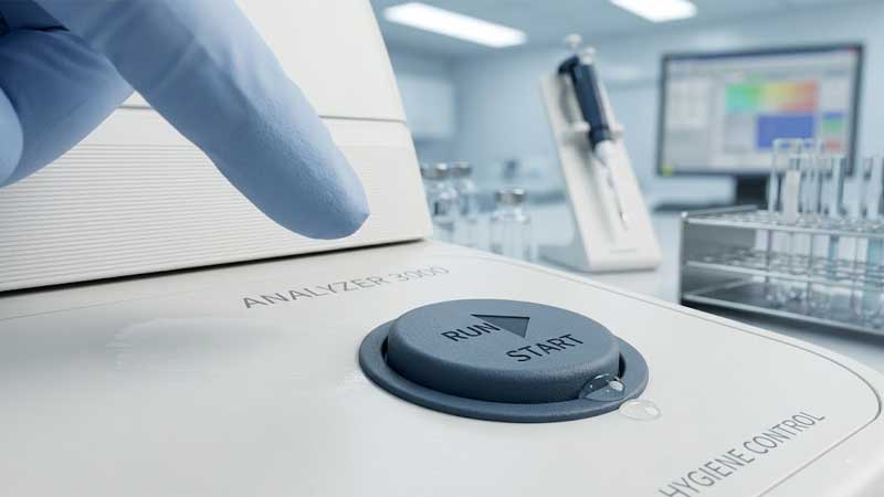 single waterproof silicone button labeled RUN START on a medical analyzer device about to be pressed by a gloved finger in a clean laboratory setting