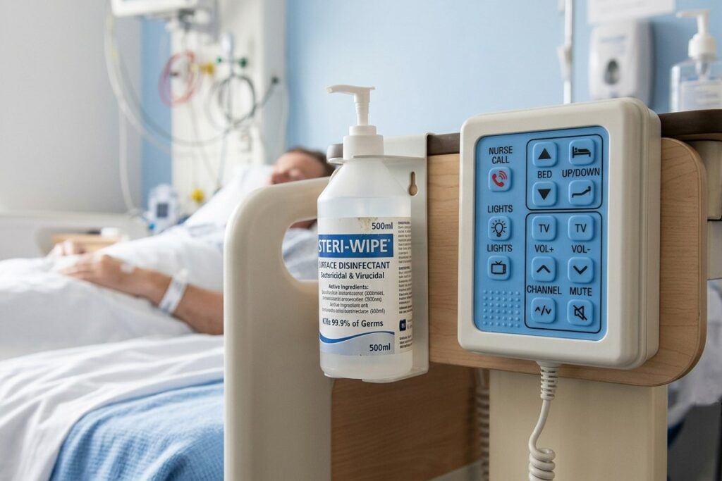 sterile medical silicone keypad in patient ward that is available for disinfection of the surface directly