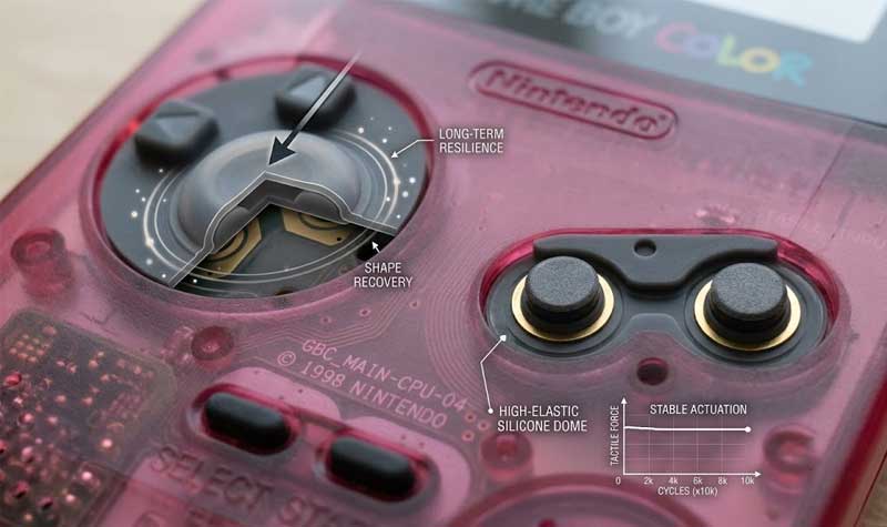translucent pink Game Boy Color showing its internal Game Boy Color Silicone Buttons with a cross section of the D pad rubber dome