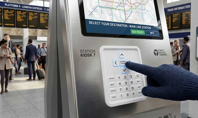 A commuter uses a backlit Hygienic Silicone Keypad on a self service ticket kiosk in a busy transit terminal