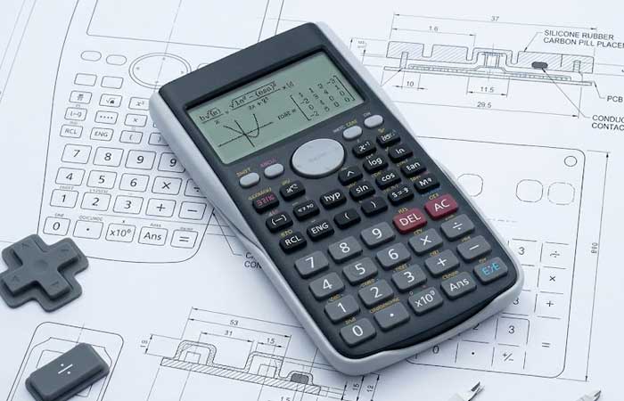 A complete engineering overview displaying a fully assembled scientific calculator using Calculator Silicone Keypads