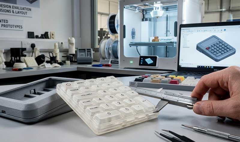 A designer measures a 3D printed silicone keypad prototype with calipers next to a 3D printer in a lab setting