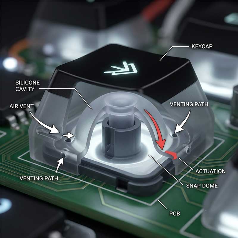A detailed annotated technical cutaway of a single translucent silicone key dome switch