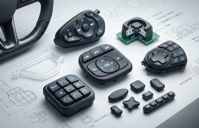 A flat lay of various Steering Wheel Silicone Keypads and individual buttons arranged on a technical blueprint background next to a partial steering wheel