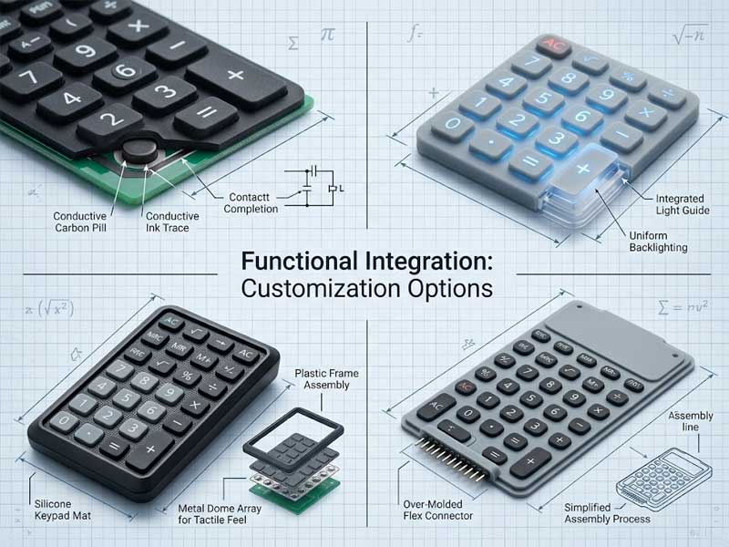 A four panel technical diagram demonstrating functional integration and customization options for Calculator Silicone Keypads