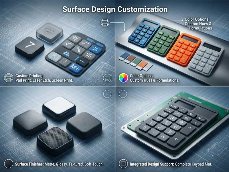 A four panel technical overview illustrating custom design options for Calculator Silicone Keypads
