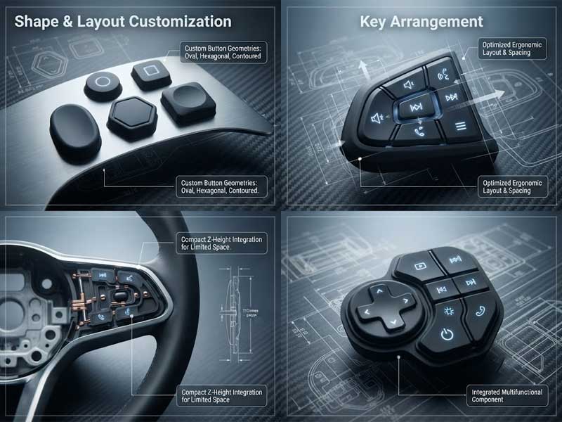 A four panel technical overview of Steering Wheel Silicone Keypads demonstrating custom shapes and layout options