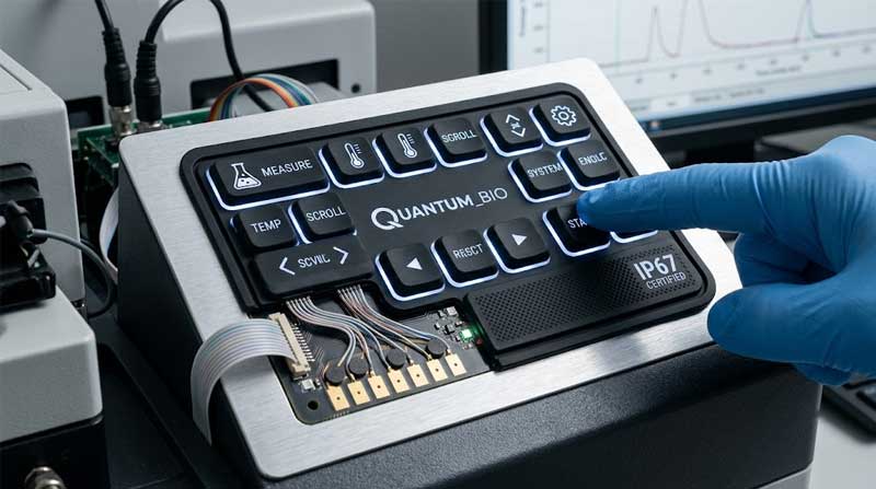 A gloved finger presses a backlit button on a custom medical device featuring Light Guide Silicone Keypads and internal circuitry