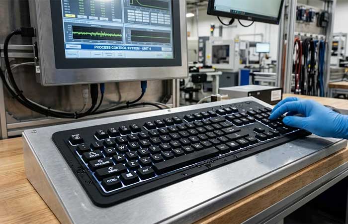 A gloved hand operates a rugged backlit silicone computer keyboard integrated into a waterproof industrial workstation