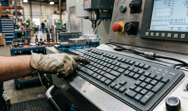 A gloved hand operates a rugged black Silicone USB Keyboard mounted on a CNC machine control panel in an industrial workshop