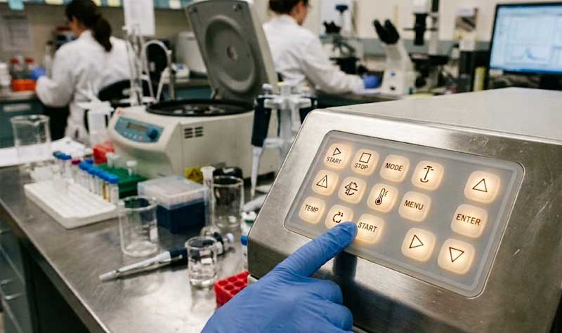 A gloved hand presses evenly illuminated Light Guide Silicone Keypads on a medical device in a laboratory setting