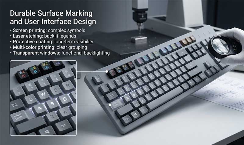 A gloved hand uses a magnifying glass to inspect the durable surface markings on a gray silicone computer keyboard alongside an engineering diagram