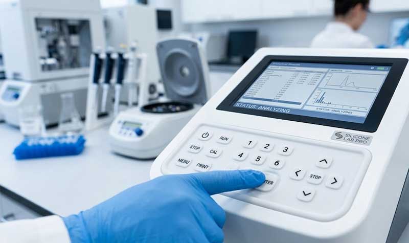 A gloved technician operates a Hygienic Silicone Keypad on an analytical instrument in a modern laboratory