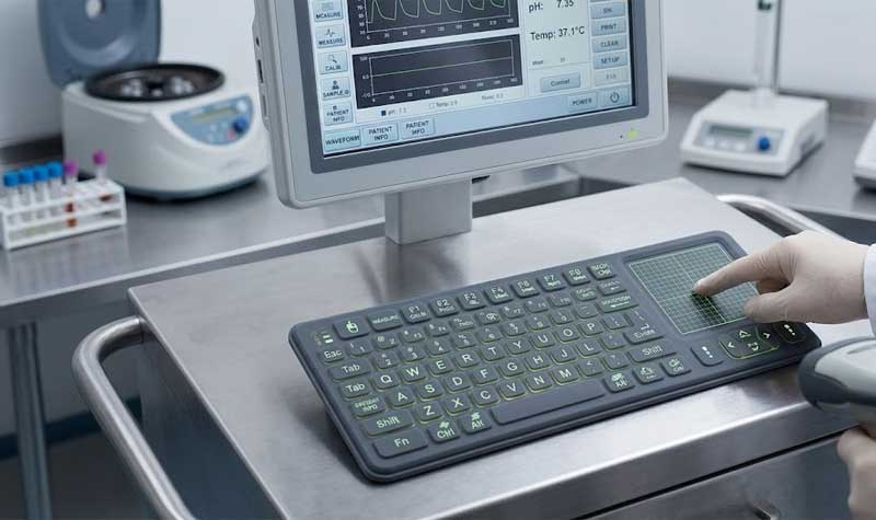 A gloved technician uses a medical grade Silicone Keyboard with Touchpad and a barcode scanner in a sterile laboratory environment with equipment