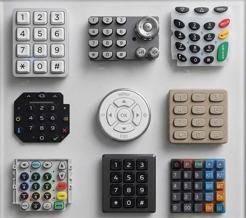 A grid display of custom silicone keypad prototypes in various shapes layouts and colors for electronic device design verification