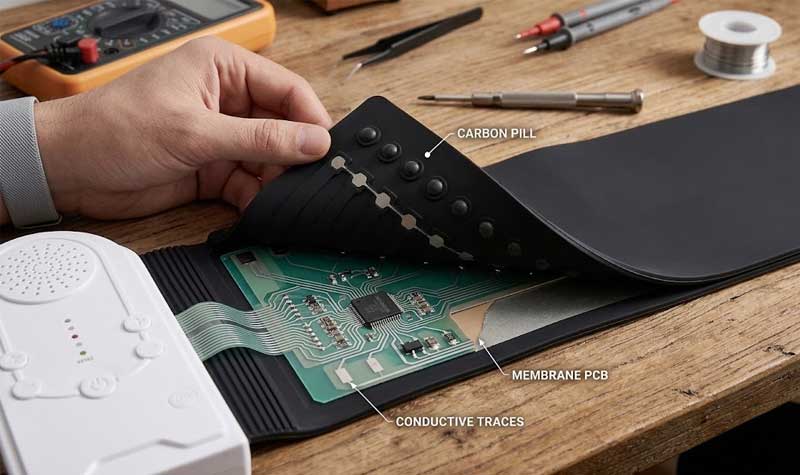 A hand lifting a Silicone Piano Keyboard to show the carbon pills and membrane PCB on a wooden workbench