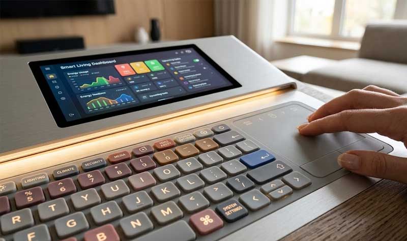 A hand operating a custom Silicone Keyboard with Touchpad built into a modern smart home control console next to a display screen