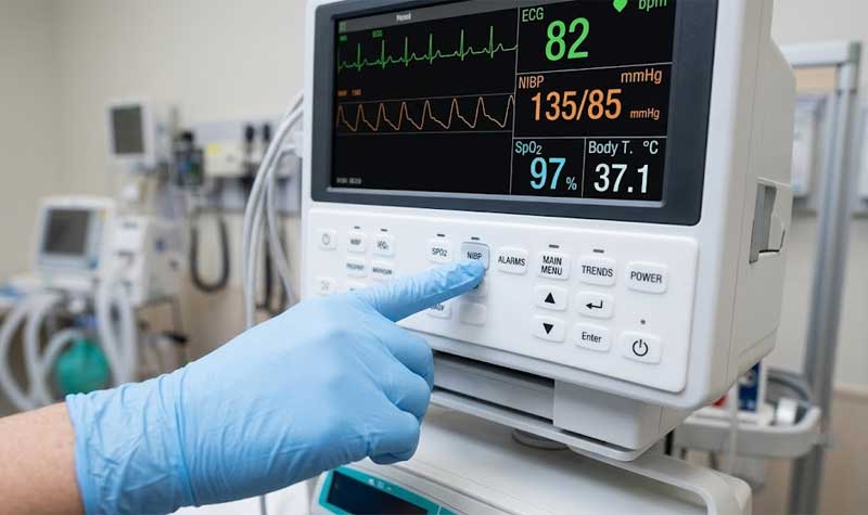 A healthcare worker operates a Hygienic Silicone Keypad integrated into a medical patient monitor in a clinical setting