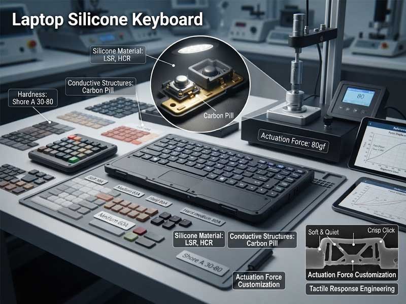 A laboratory workbench featuring material samples and testing equipment highlighting the material and tactile performance of a Laptop Silicone Keyboard