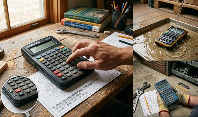 A multi panel collage demonstrates the environmental protection of Calculator Silicone Keypads