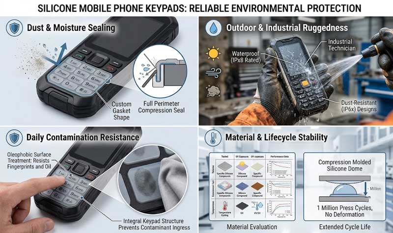 A multi panel technical infographic illustrating the reliable environmental protection of Silicone Mobile Phone Keypads